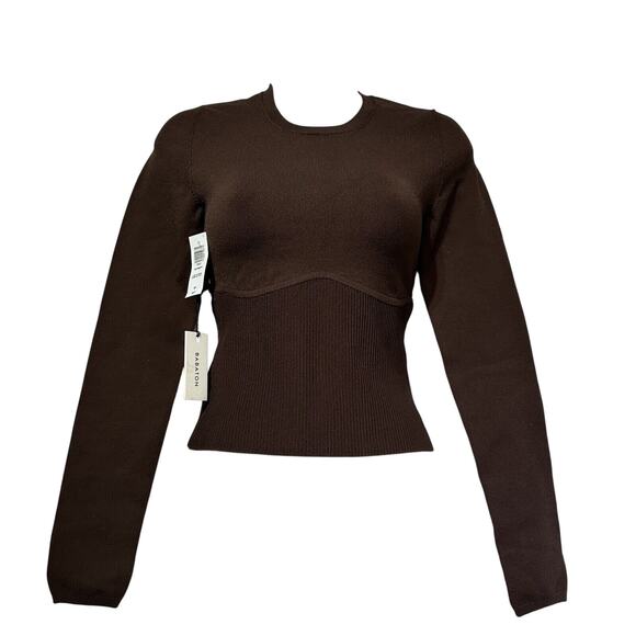 Aritzia Babaton Sculpt Knit brown long sleeve crop top blouse Size S New - Picture 1 of 13